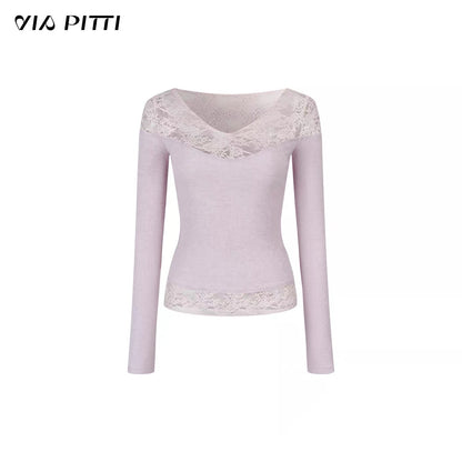 VIA PITTI VIADTP601 Splicing lace V-neck knit sweater