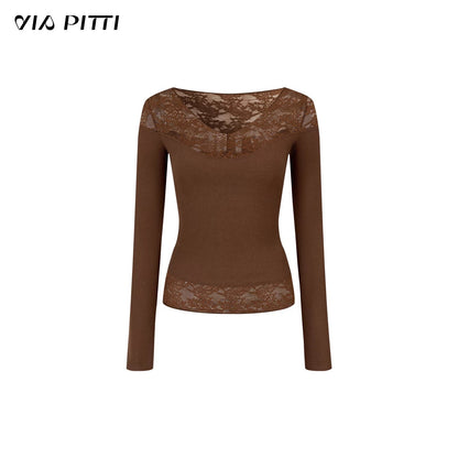 VIA PITTI VIADTP601 Splicing lace V-neck knit sweater