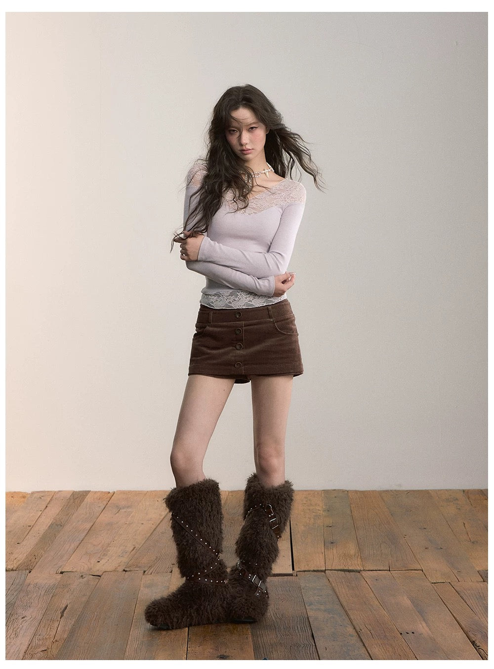 VIA PITTI VIADTP601 Splicing lace V-neck knit sweater