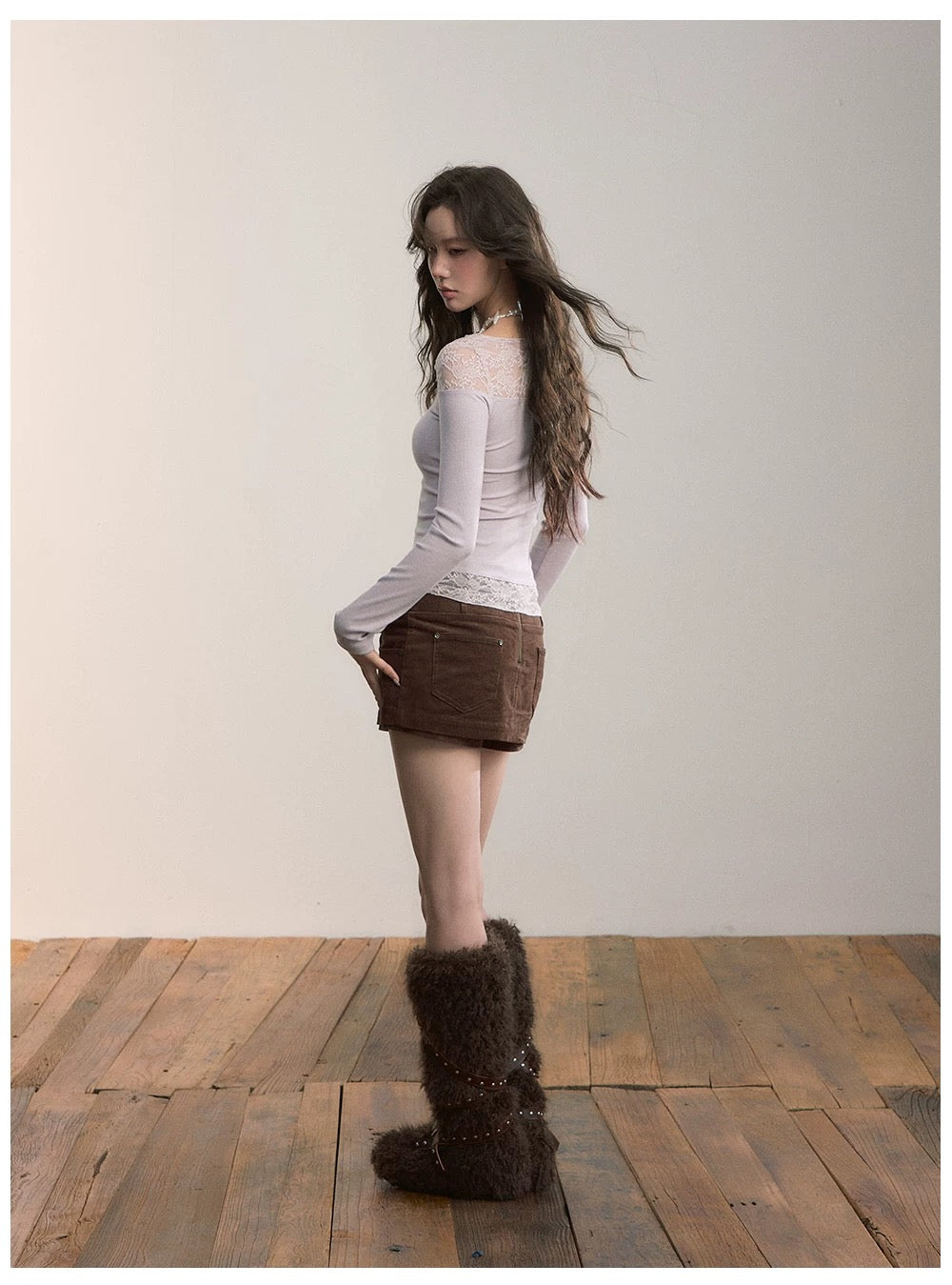 VIA PITTI VIADTP601 Splicing lace V-neck knit sweater