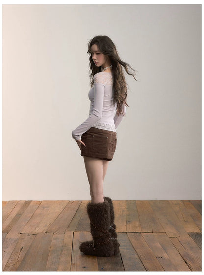 VIA PITTI VIADTP601 Splicing lace V-neck knit sweater
