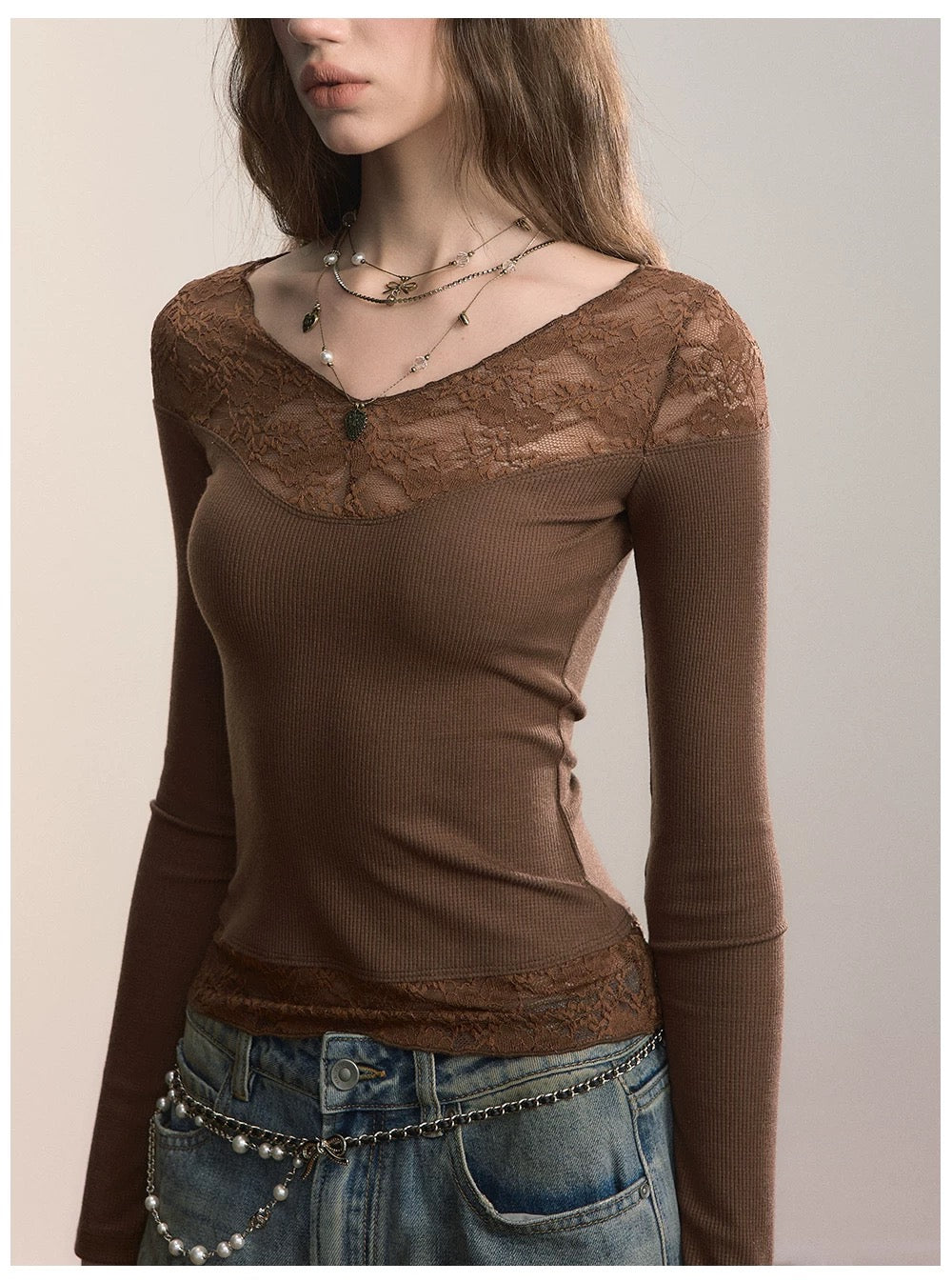 VIA PITTI VIADTP601 Splicing lace V-neck knit sweater