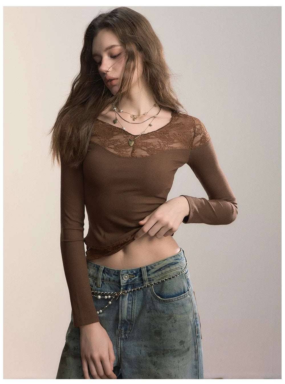 VIA PITTI VIADTP601 Splicing lace V-neck knit sweater