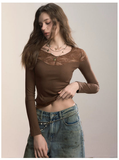 VIA PITTI VIADTP601 Splicing lace V-neck knit sweater