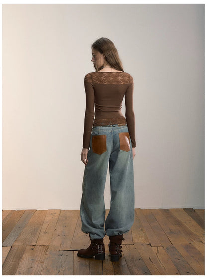 VIA PITTI VIADTP601 Splicing lace V-neck knit sweater