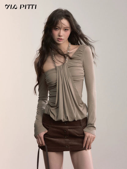 VIA PITTI VIADTP612 Slanted shoulder irregular fake two piece waist cinching T-shirt