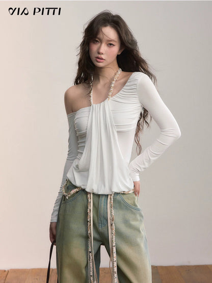 VIA PITTI VIADTP612 Slanted shoulder irregular fake two piece waist cinching T-shirt