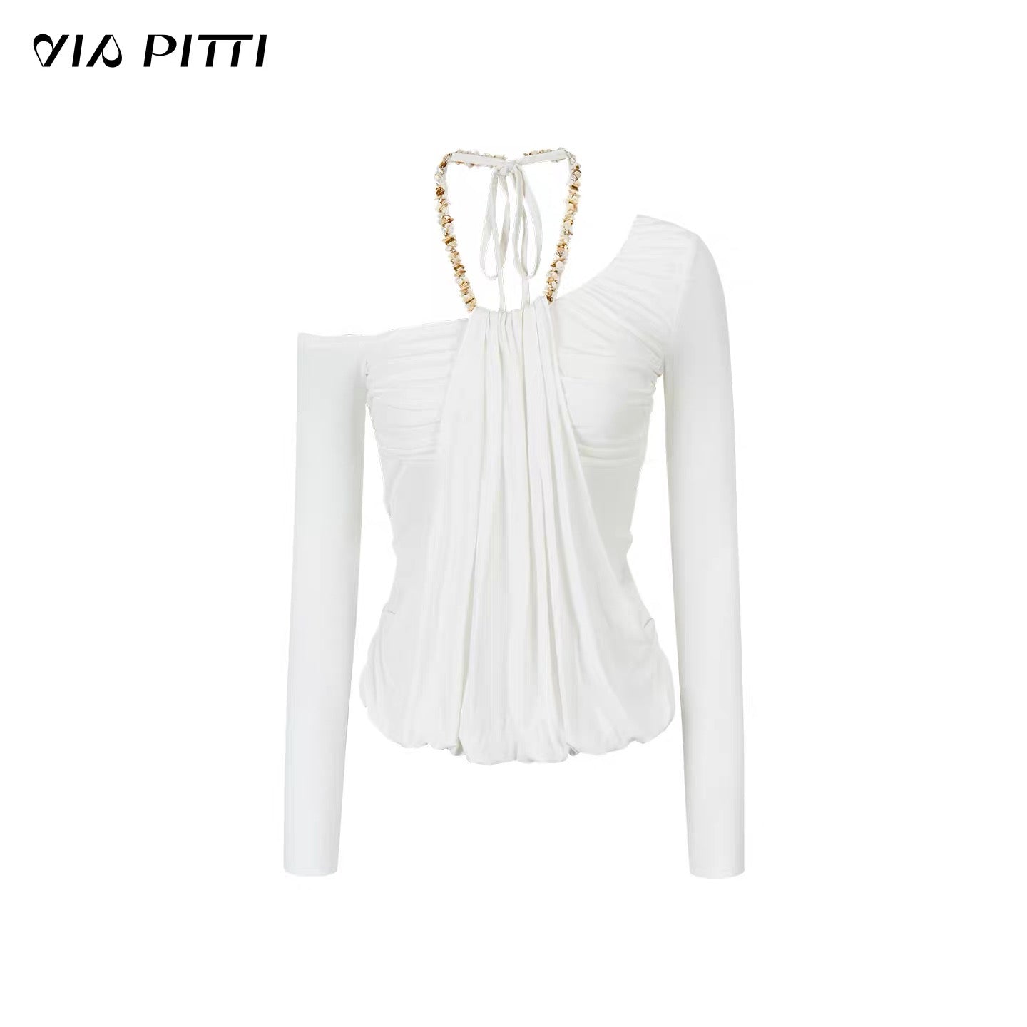 VIA PITTI VIADTP612 Slanted shoulder irregular fake two piece waist cinching T-shirt