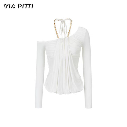 VIA PITTI VIADTP612 Slanted shoulder irregular fake two piece waist cinching T-shirt