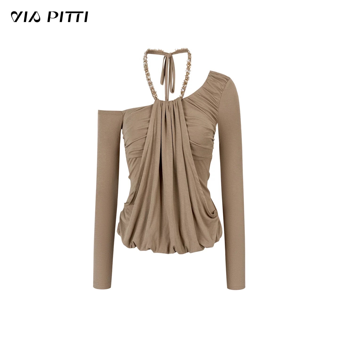 VIA PITTI VIADTP612 Slanted shoulder irregular fake two piece waist cinching T-shirt
