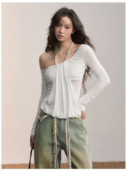 VIA PITTI VIADTP612 Slanted shoulder irregular fake two piece waist cinching T-shirt