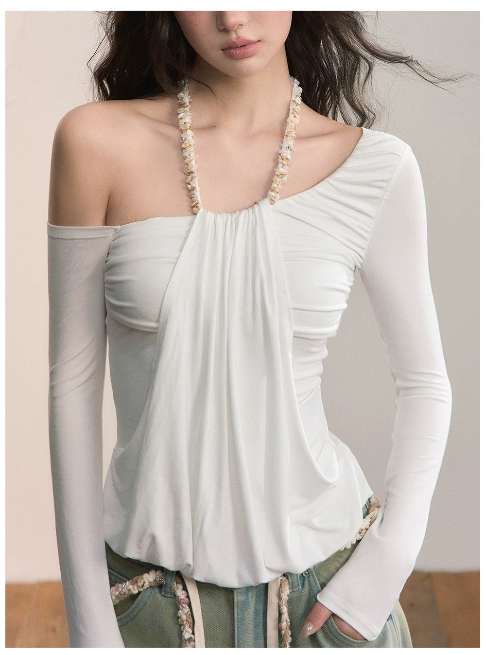 VIA PITTI VIADTP612 Slanted shoulder irregular fake two piece waist cinching T-shirt