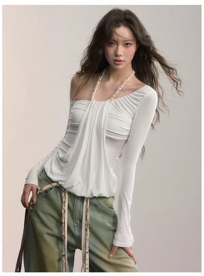 VIA PITTI VIADTP612 Slanted shoulder irregular fake two piece waist cinching T-shirt