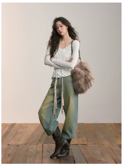 VIA PITTI VIADTP612 Slanted shoulder irregular fake two piece waist cinching T-shirt