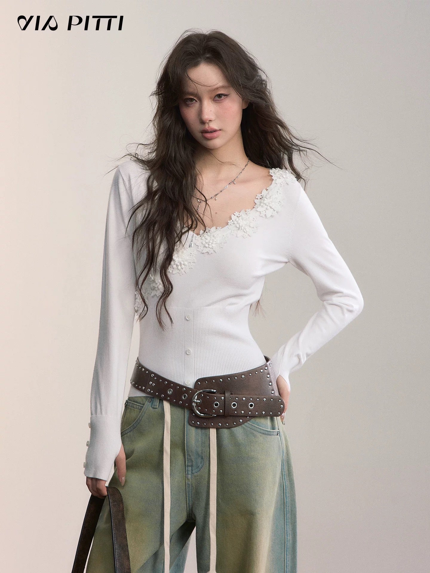 VIA PITTI VIADK655 3D flower waist cinching T-shirt
