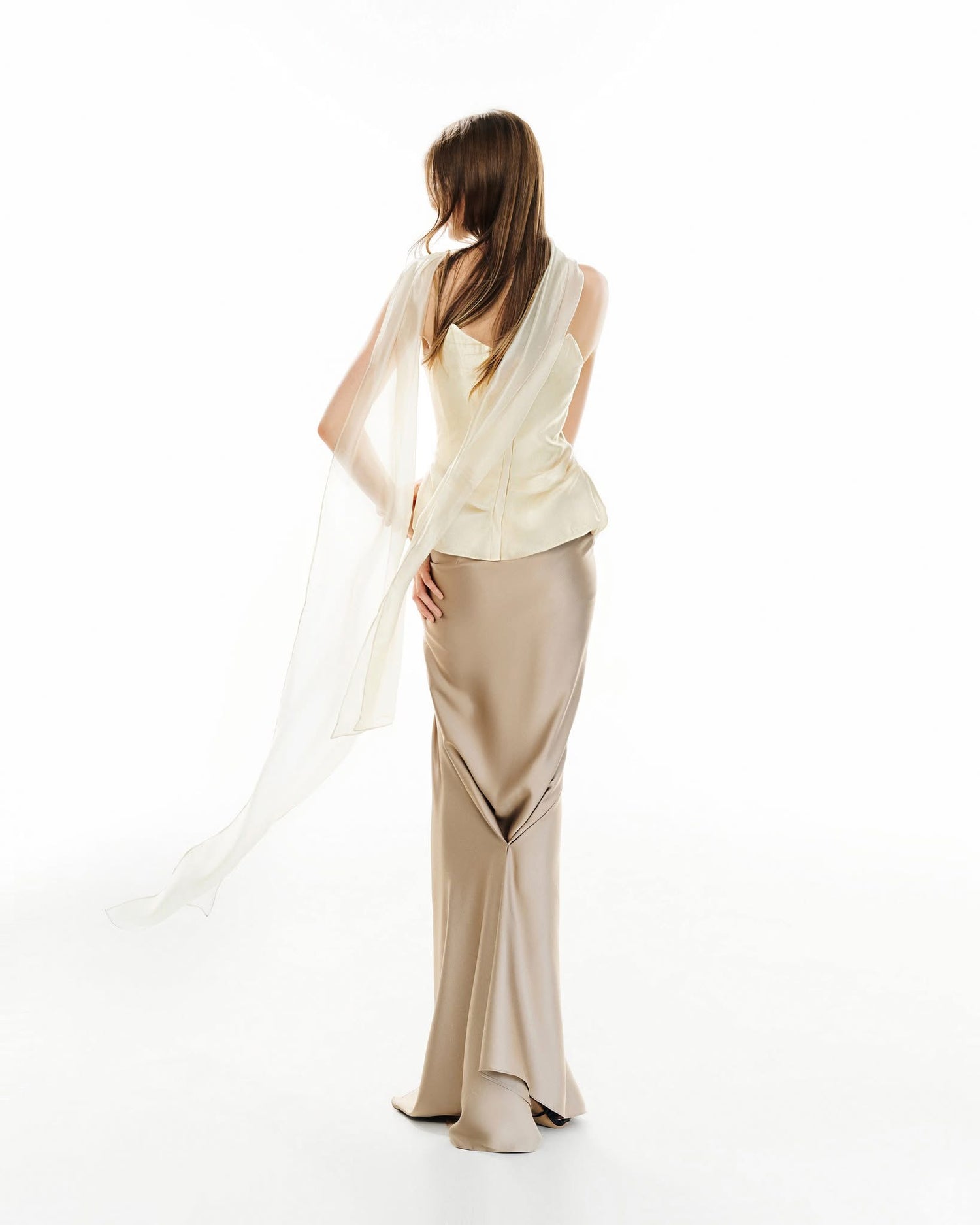 MUST HAVE  Corset top with scarf neck &amp;  Golden silk maxi skirt