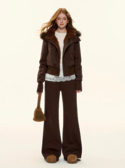 AsGony ASG25580&amp;ASG25582 American retro solid color fleece hoodie + pants set (Brown)