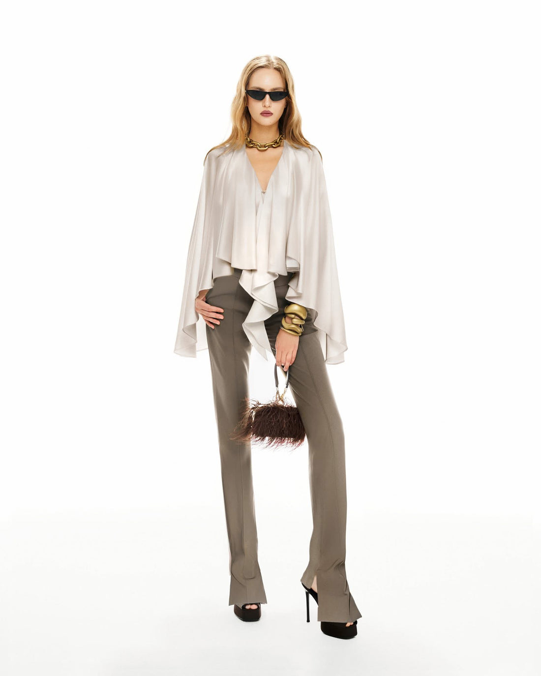 MUST HAVE Silk cape top &amp;  Slit-hem pants