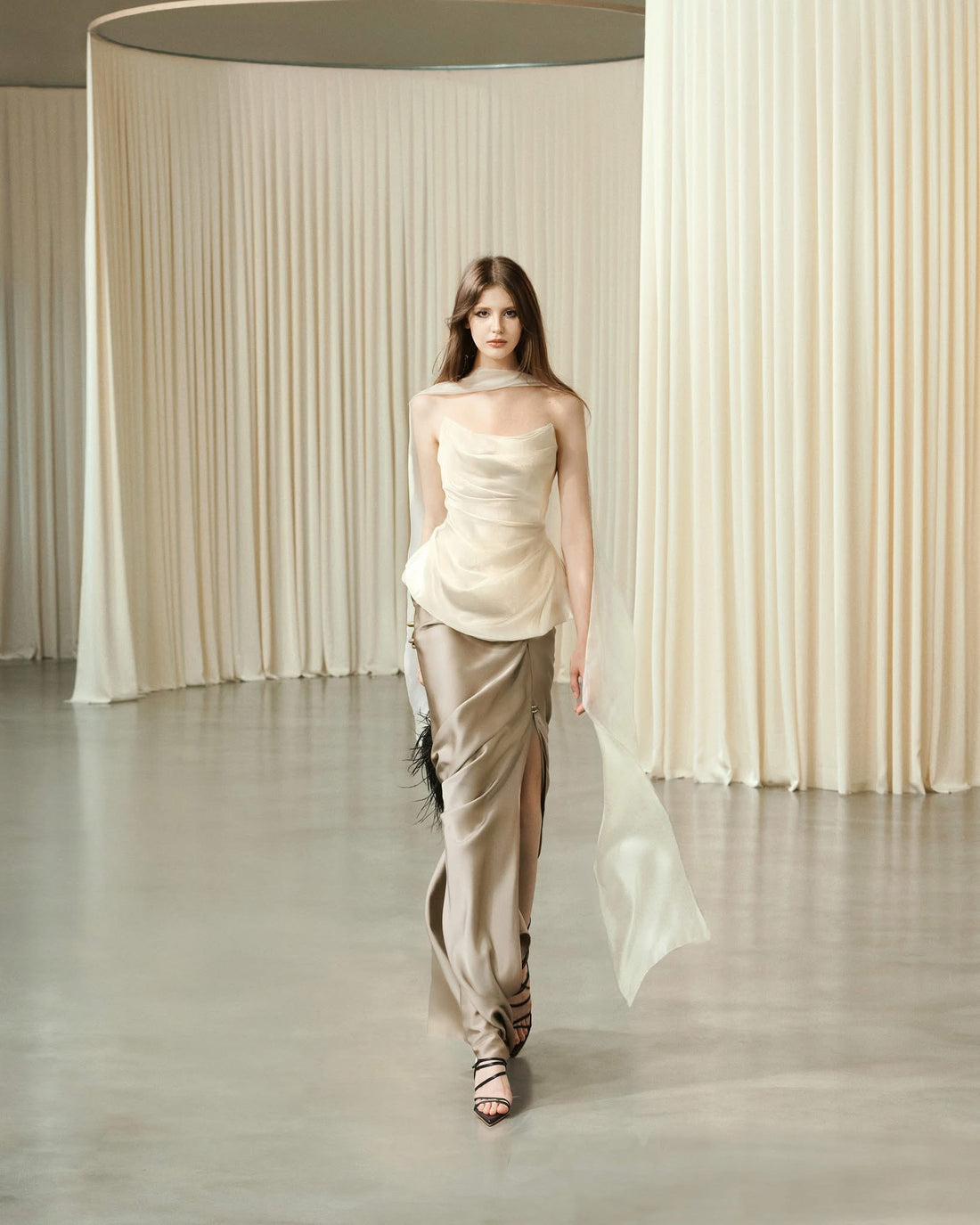 MUST HAVE  Corset top with scarf neck &amp;  Golden silk maxi skirt