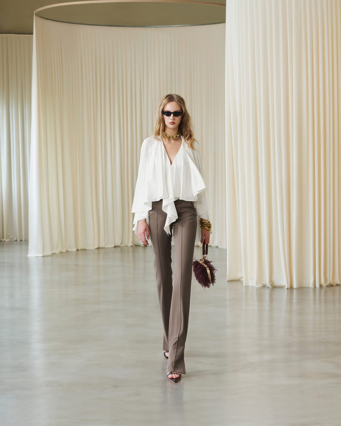 MUST HAVE Silk cape top &amp;  Slit-hem pants