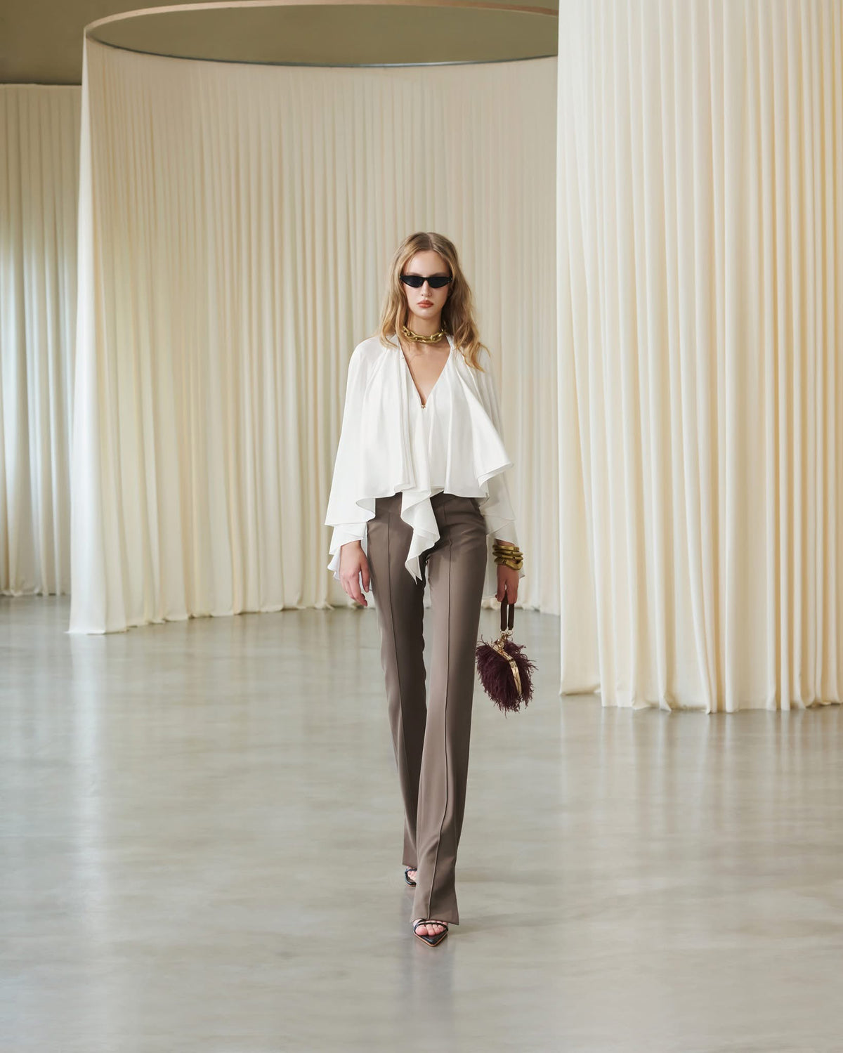 MUST HAVE Silk cape top &amp;  Slit-hem pants