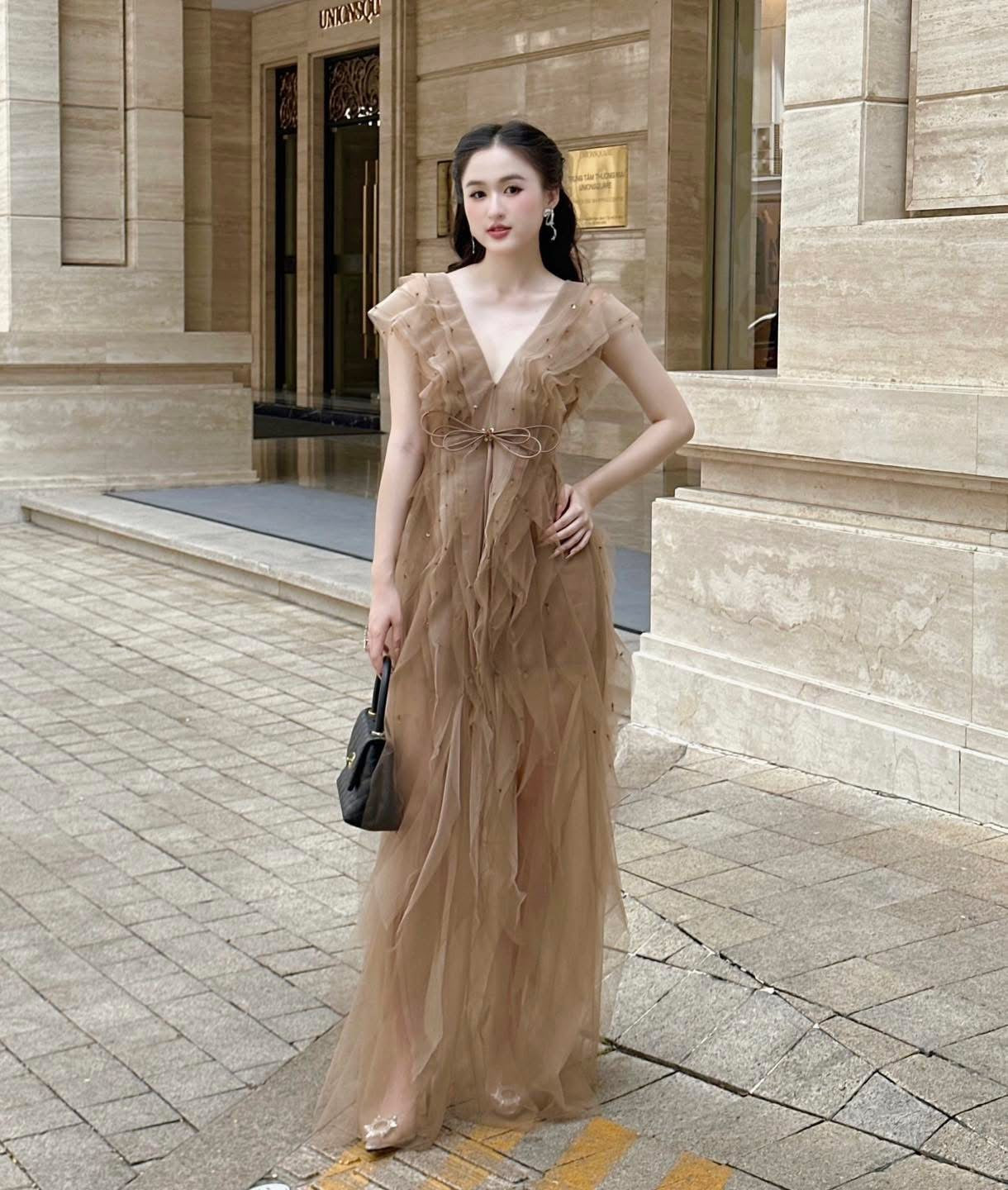 XY Bymyxy Brown butterfly bow long dress