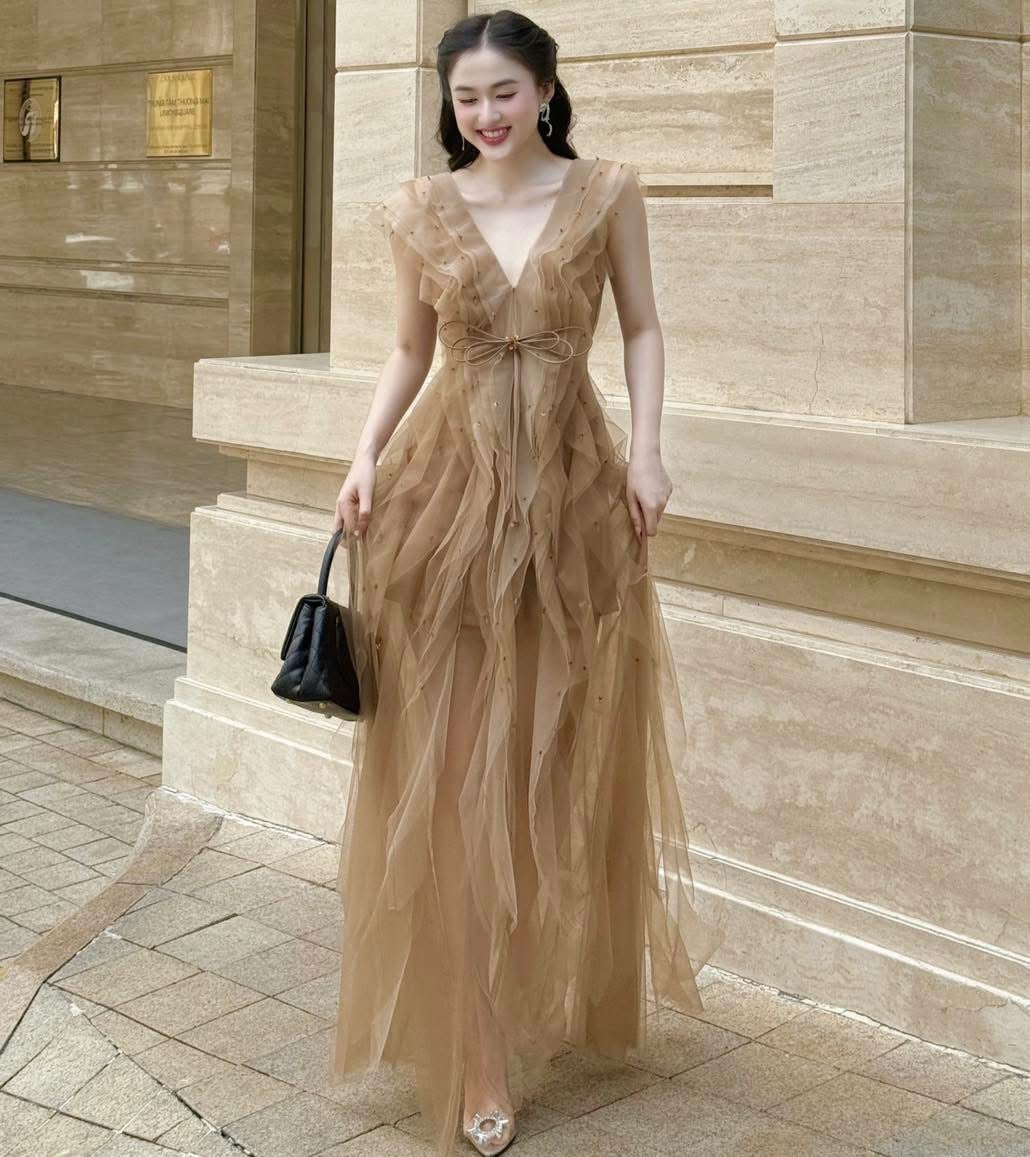 XY Bymyxy Brown butterfly bow long dress