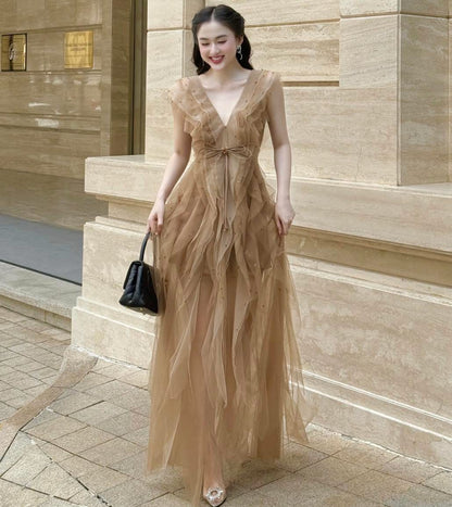 XY Bymyxy Brown butterfly bow long dress