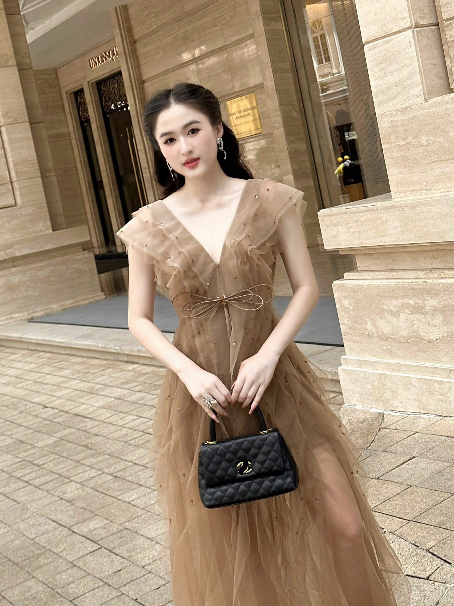 XY Bymyxy Brown butterfly bow long dress