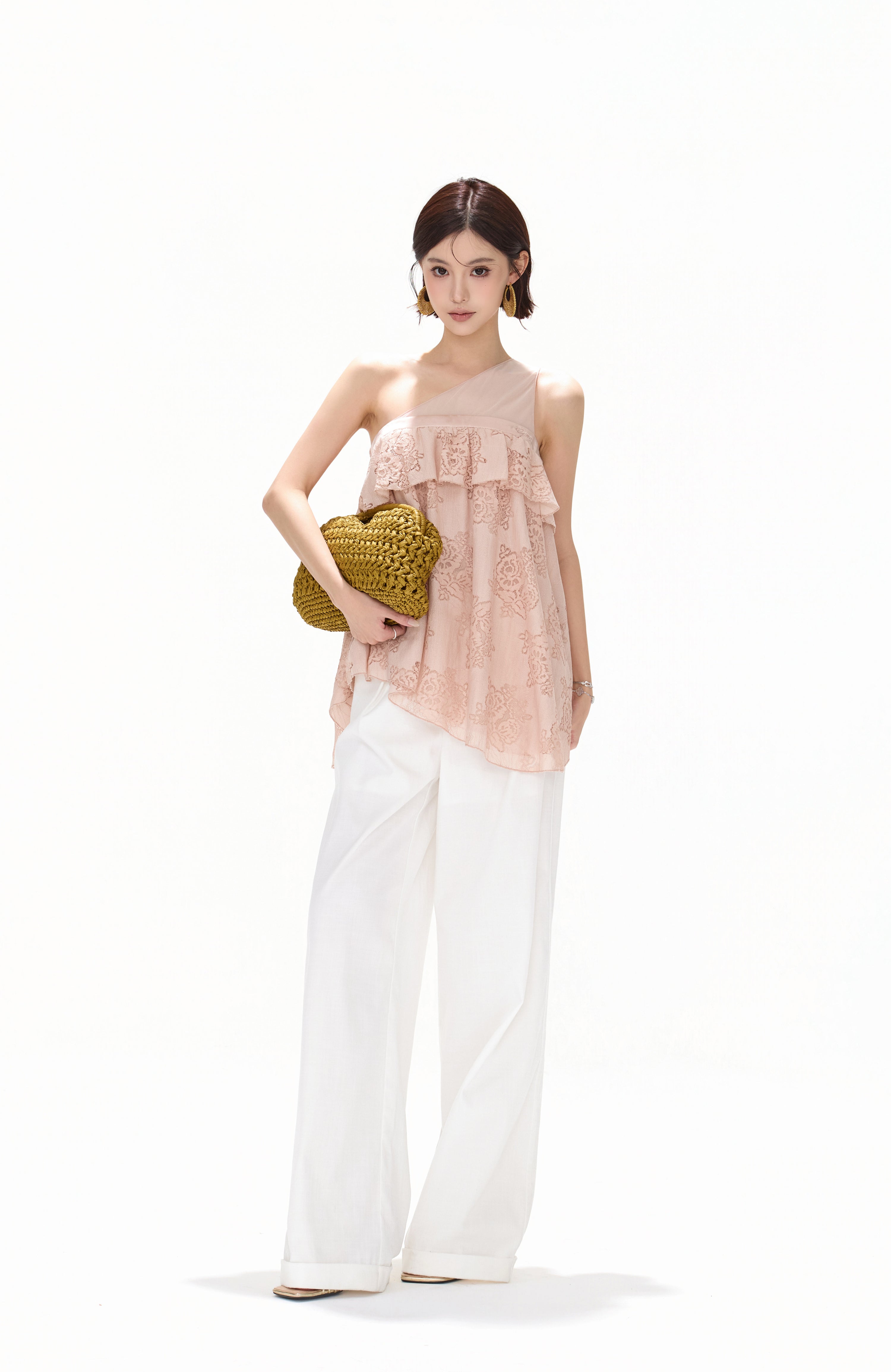 CYNR CY260412SAI Mesh rose lace irregular sleeveless top