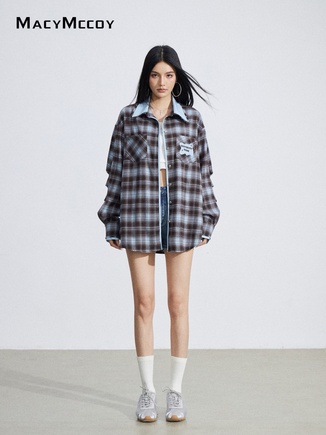 MacyMccoy MMC2026027 Color-blocked embroidered plaid shirt