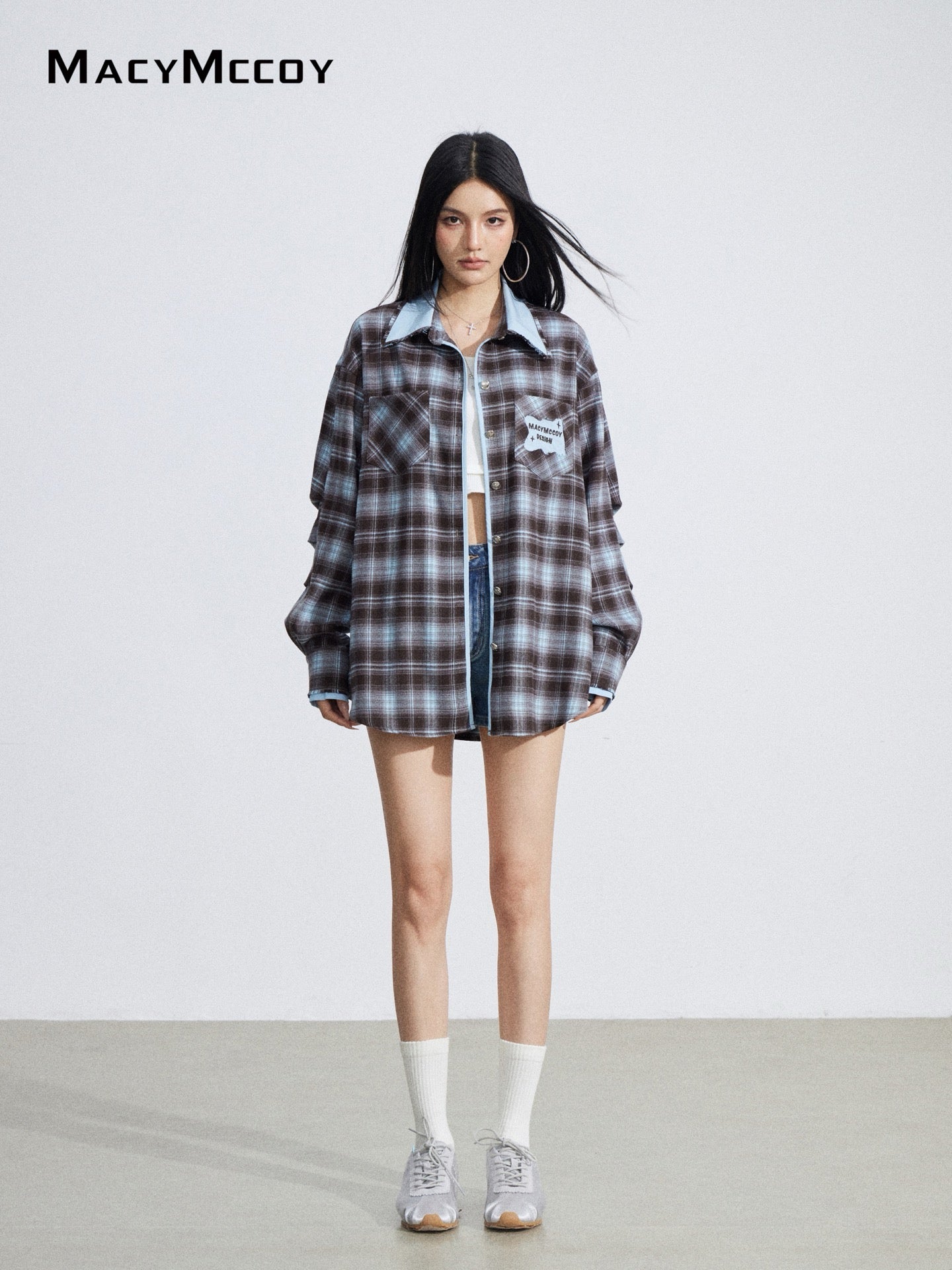 MacyMccoy MMC2026027 Color-blocked embroidered plaid shirt