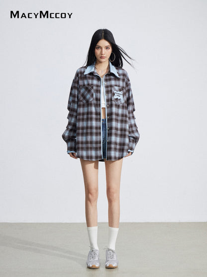 MacyMccoy MMC2026027 Color-blocked embroidered plaid shirt