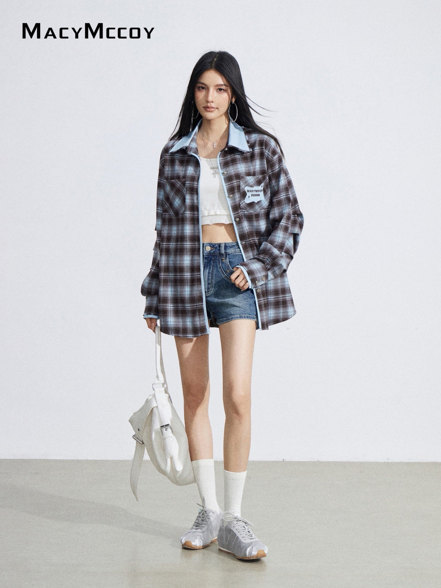 MacyMccoy MMC2026027 Color-blocked embroidered plaid shirt