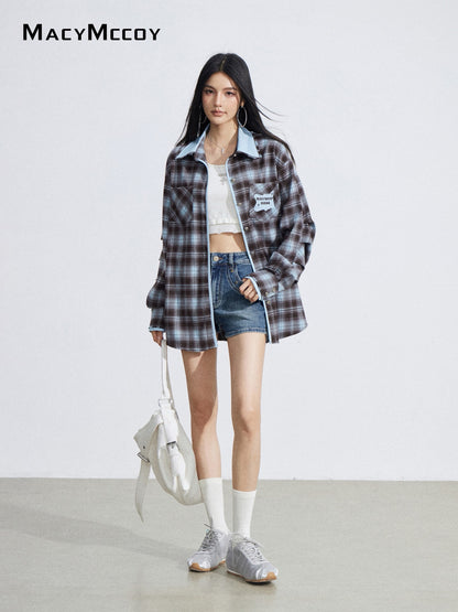 MacyMccoy MMC2026027 Color-blocked embroidered plaid shirt