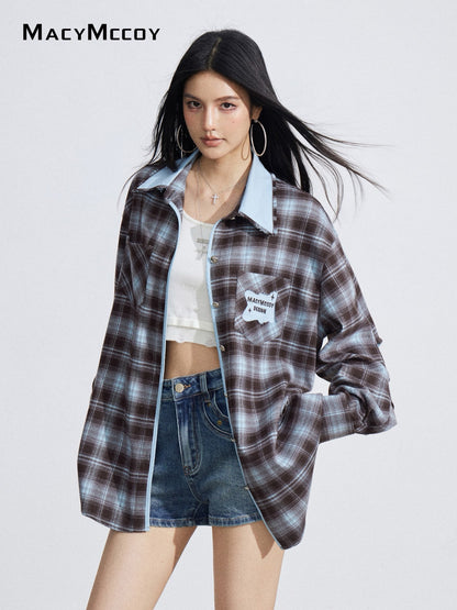 MacyMccoy MMC2026027 Color-blocked embroidered plaid shirt