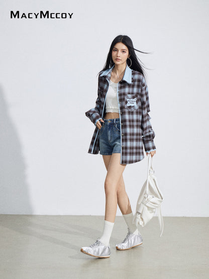 MacyMccoy MMC2026027 Color-blocked embroidered plaid shirt