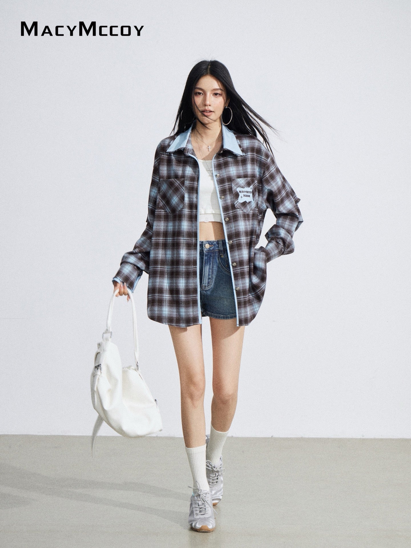 MacyMccoy MMC2026027 Color-blocked embroidered plaid shirt
