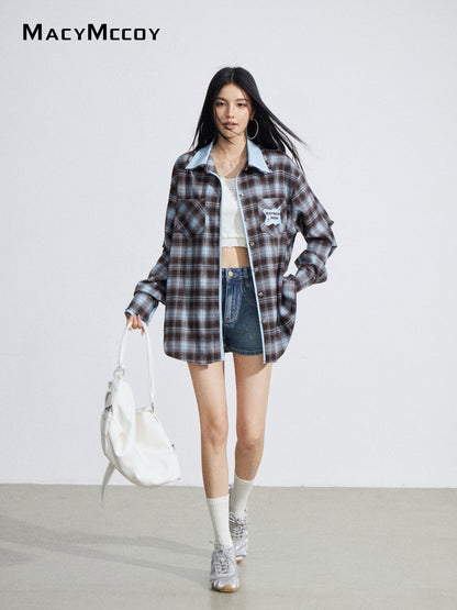 MacyMccoy MMC2026027 Color-blocked embroidered plaid shirt