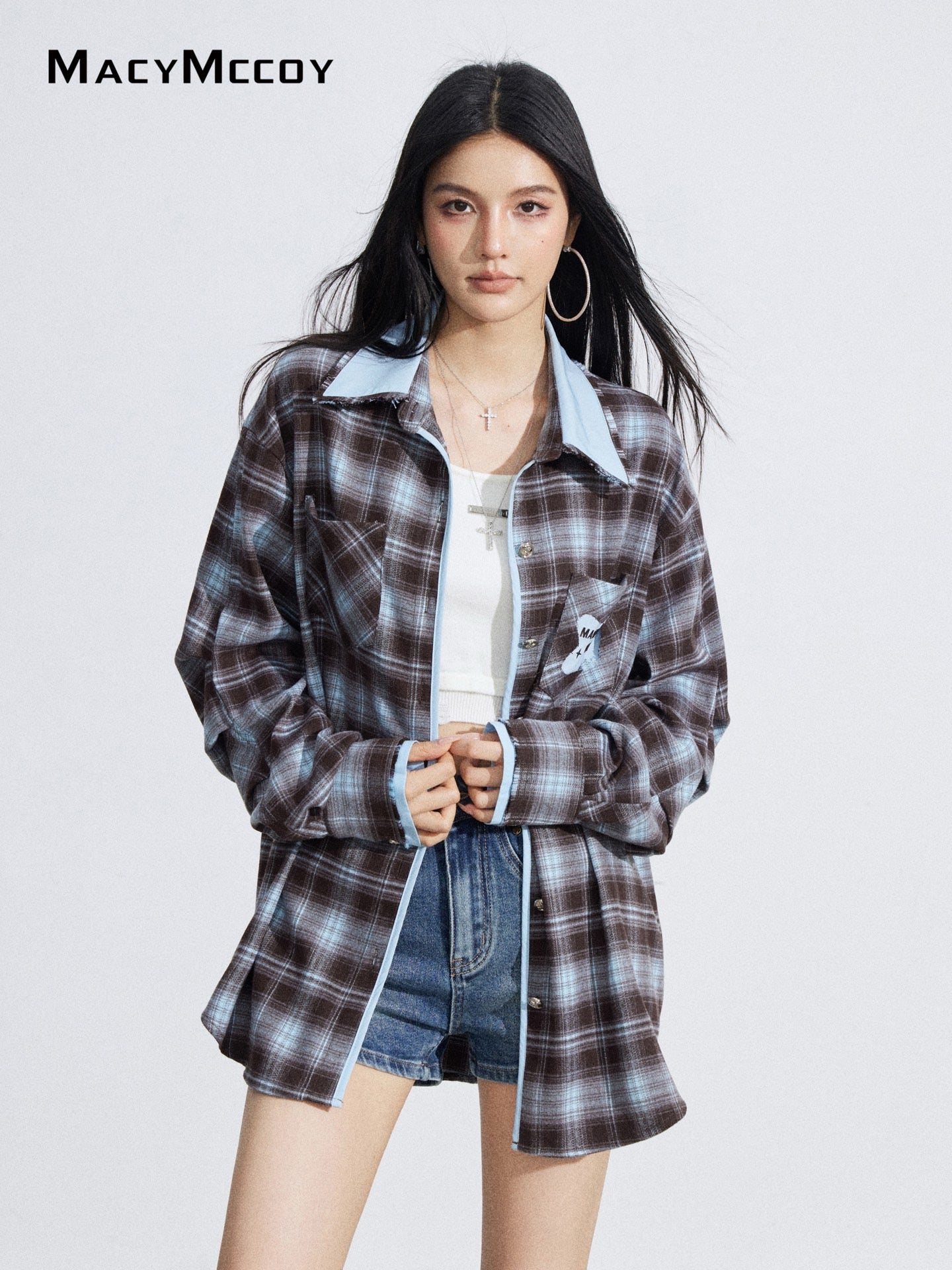 MacyMccoy MMC2026027 Color-blocked embroidered plaid shirt