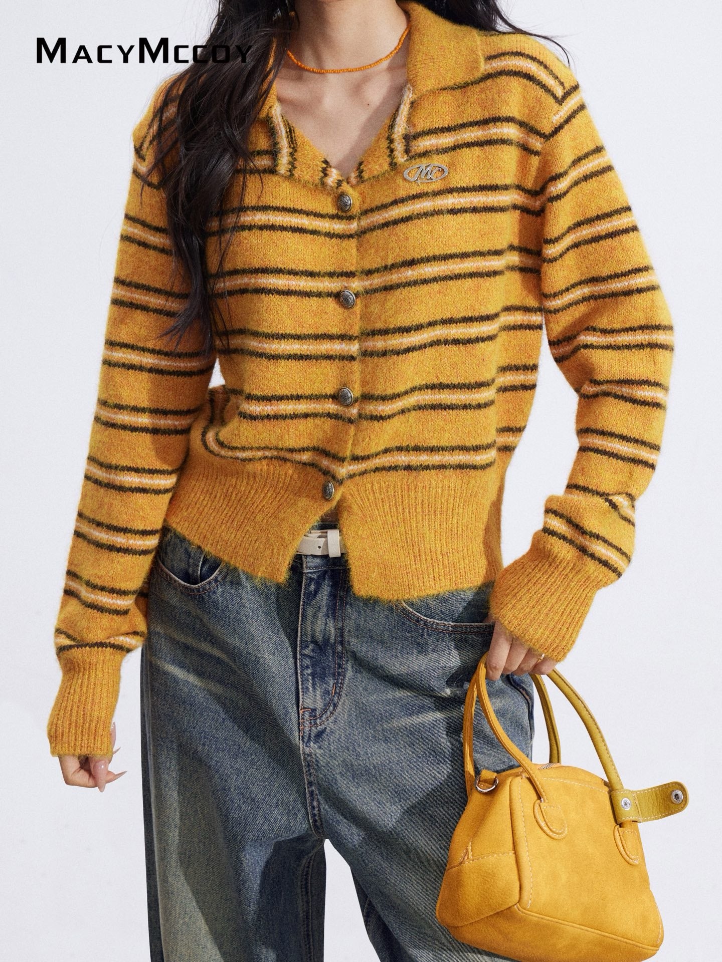 MacyMccoy MMC2026028 Polo collar contrasting striped sweater