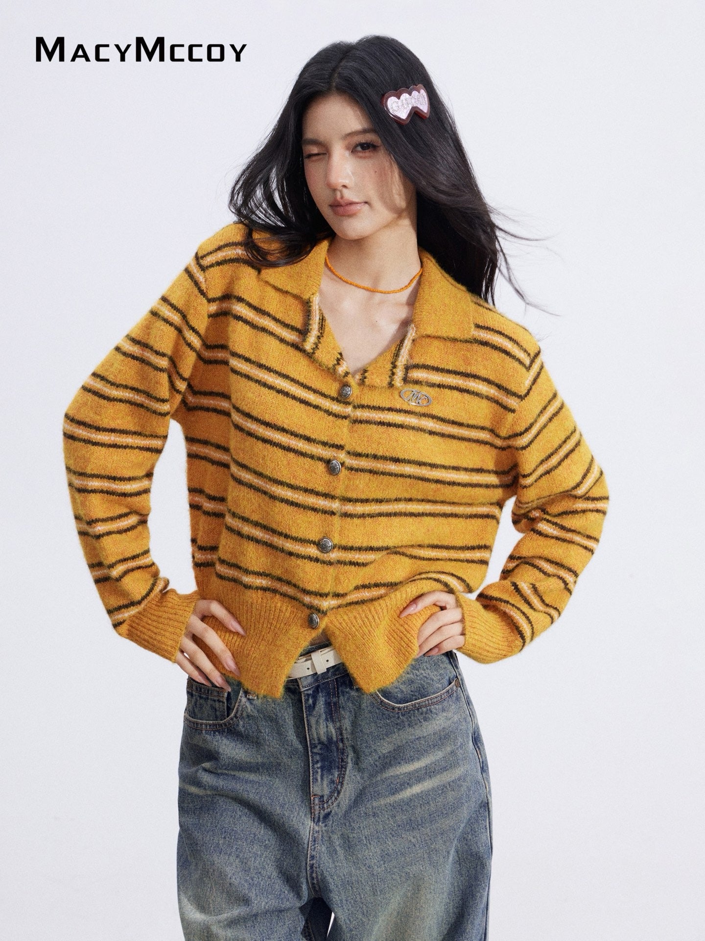 MacyMccoy MMC2026028 Polo collar contrasting striped sweater