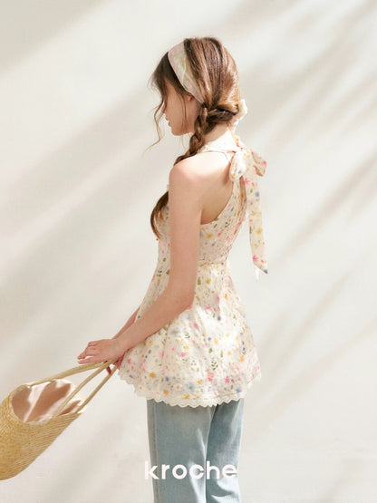 Kroche Floral embroidered printed strap top