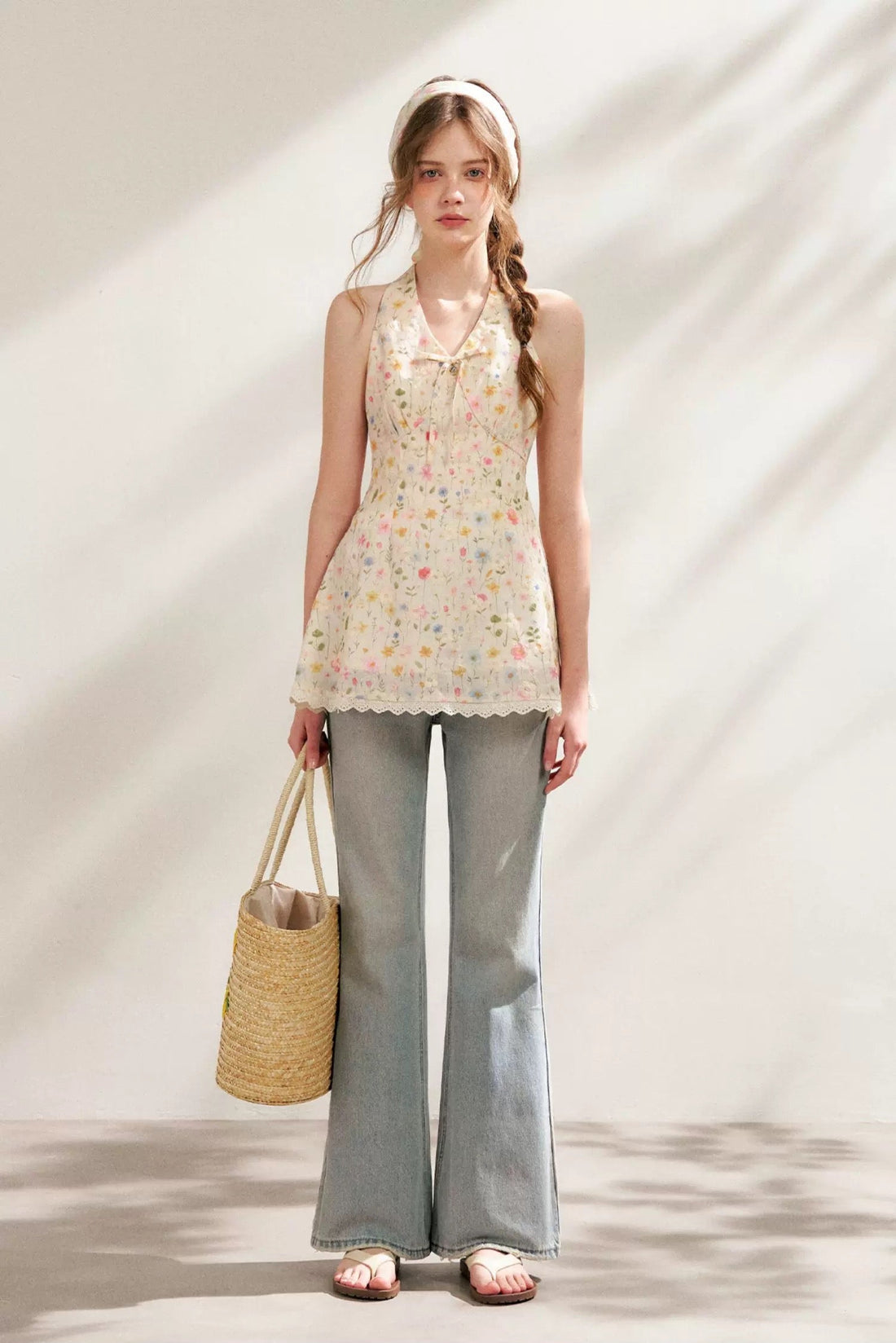 Kroche Floral embroidered printed strap top