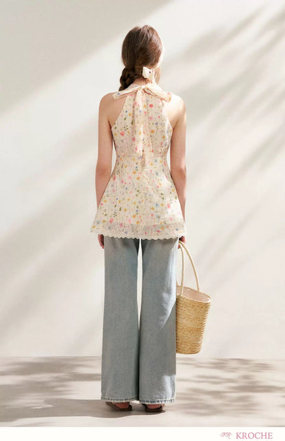 Kroche Floral embroidered printed strap top