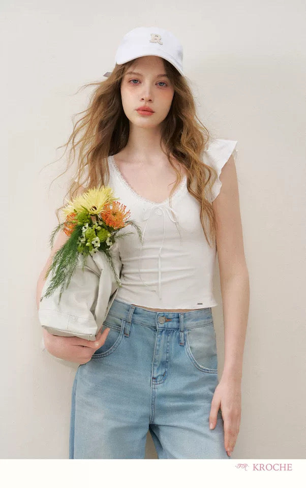 Kroche Bow tie lace patchwork T-shirt