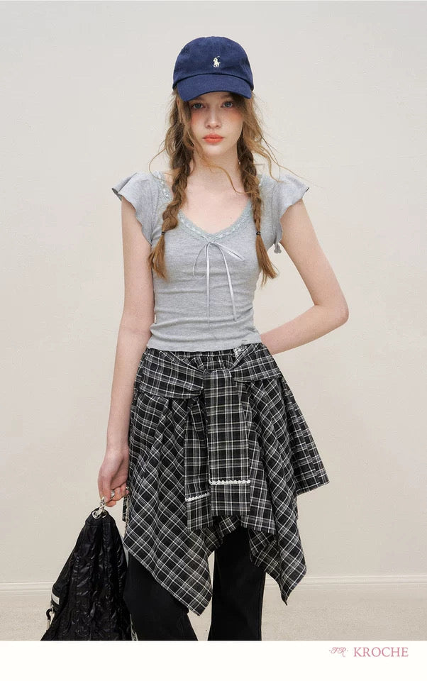 Kroche Bow tie lace patchwork T-shirt