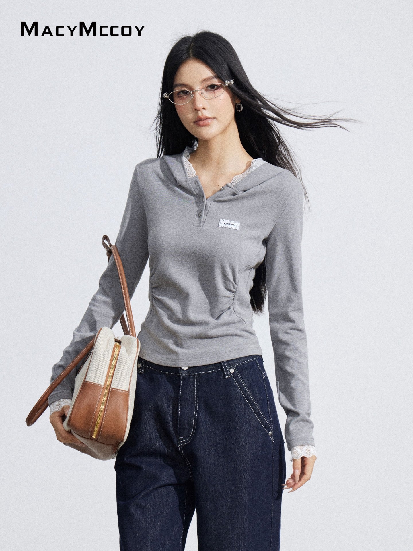 MacyMccoy MMC2026037 Lace hooded long sleeved T-shirt