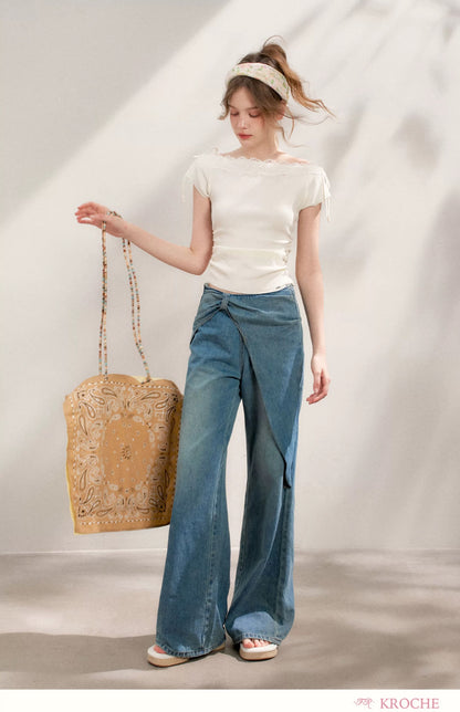 Kroche Lace patchwork pleated knitted short sleeved shirt