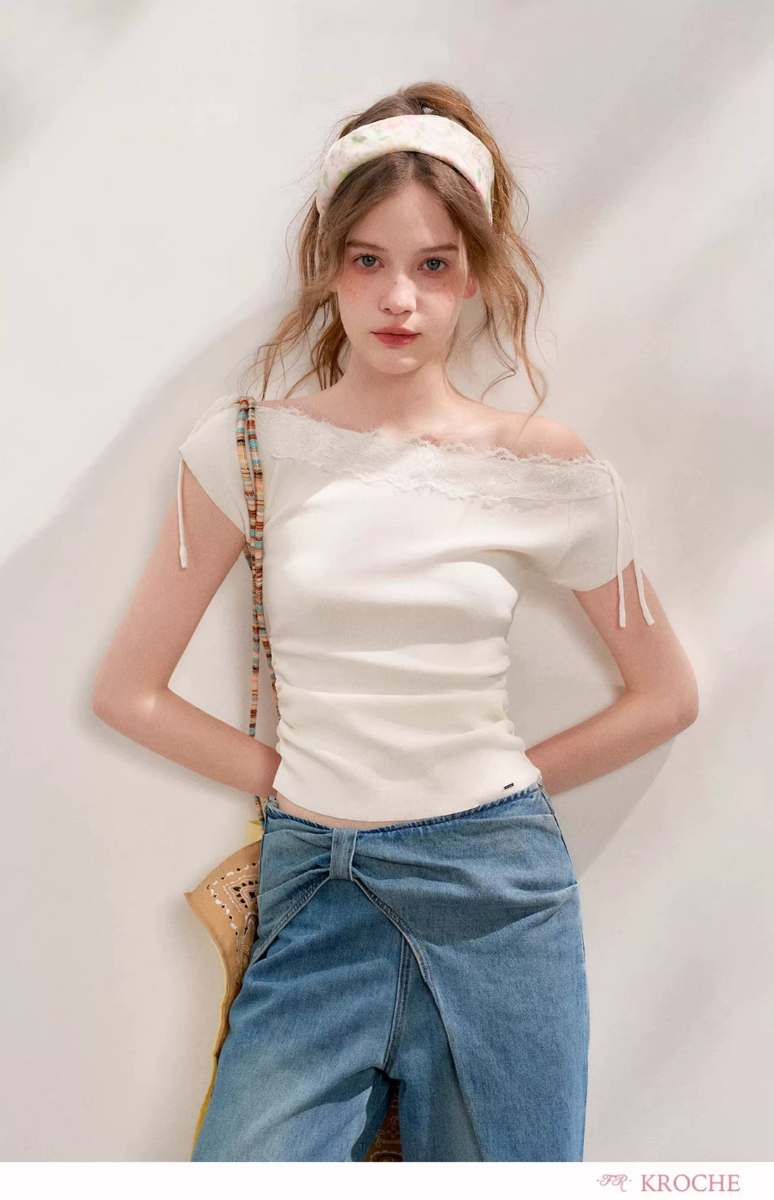 Kroche Lace patchwork pleated knitted short sleeved shirt